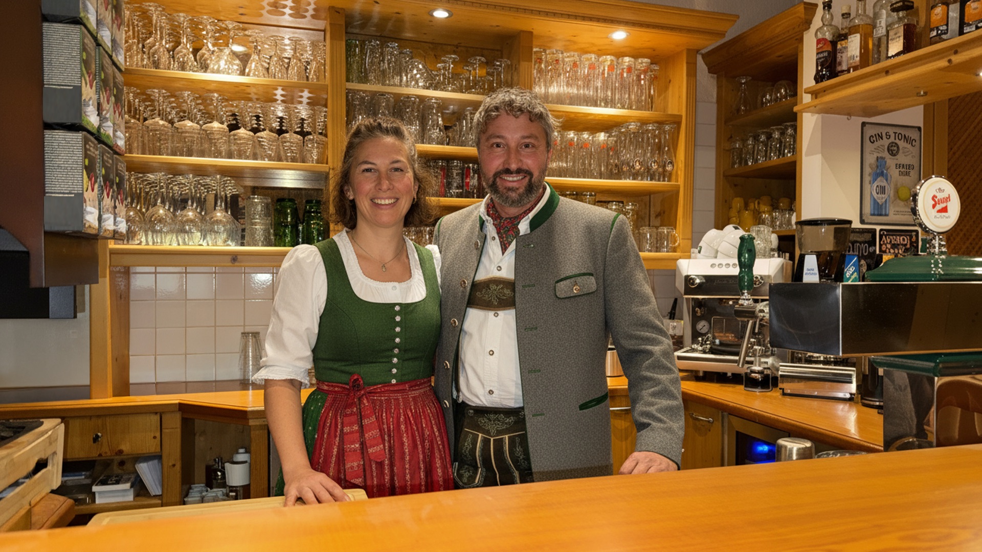 Chantal and Auke, the friendly hosts of Boutique Hotel Alpenhof in St. Martin am Tennengebirge, standing behind the bar