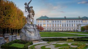 Mirabell Palace and Gardens at sunset in Salzburg, Austria