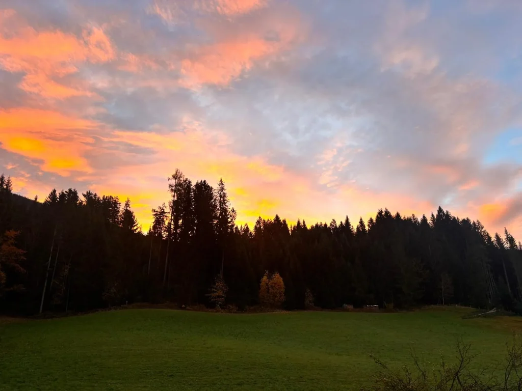 Een kleurrijke lucht boven het bos, gezien vanuit het hotel