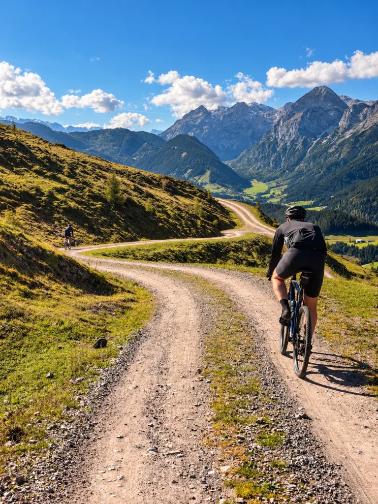 Two cyclists following a gravel track above a green valley with mountain peaks and a blue summer sky